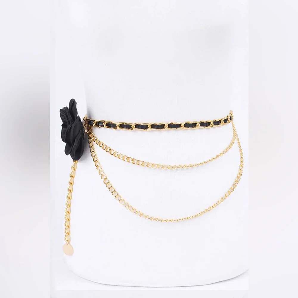 Satin 3-D Flower & Gold Iron Chain Statement Belt - Picture 2 of 7